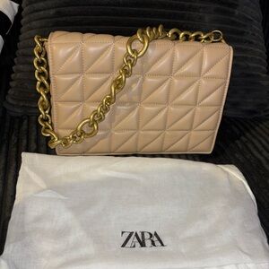 Zara Beige Quilted Shoulder Bag with Gold Chain